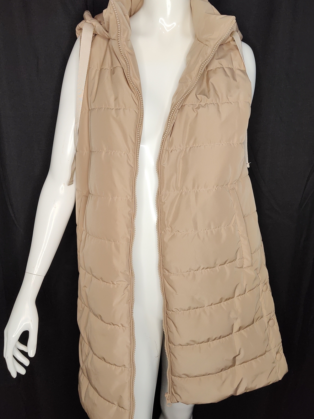 Puffer Jacket Hooded Khaki Sz M Longline Zipper Pockets